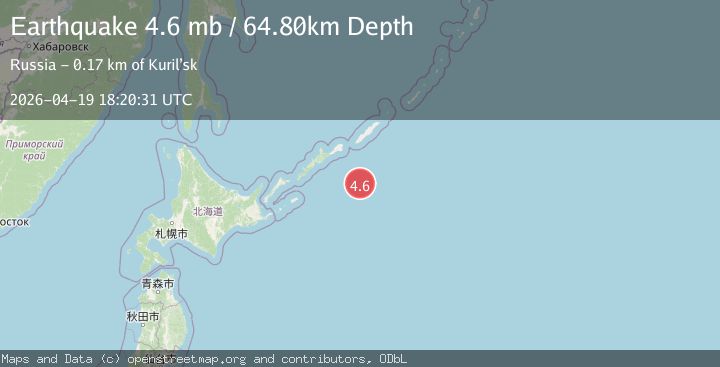 Map of 172 km SE of Kuril’sk, Russia