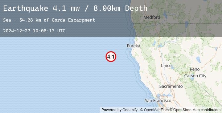 Map of 134 km WSW of Ferndale, California