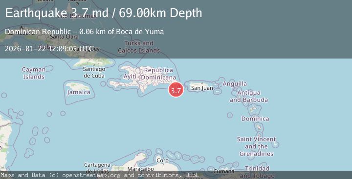 Map of 55 km SSE of Boca de Yuma, Dominican Republic