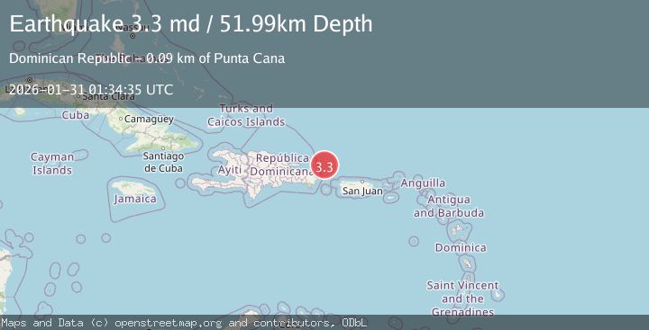 Map of 88 km NNE of Punta Cana, Dominican Republic