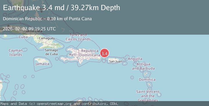 Map of 96 km NE of Punta Cana, Dominican Republic