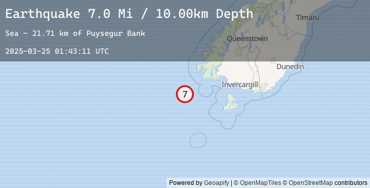 Map of 159 km WSW of Riverton, New Zealand