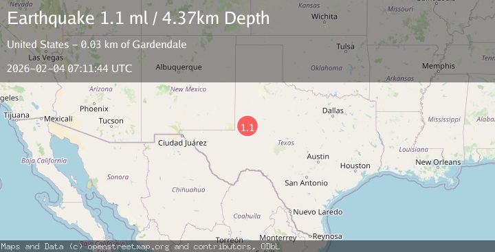 Map of 26 km NNE of Gardendale, Texas