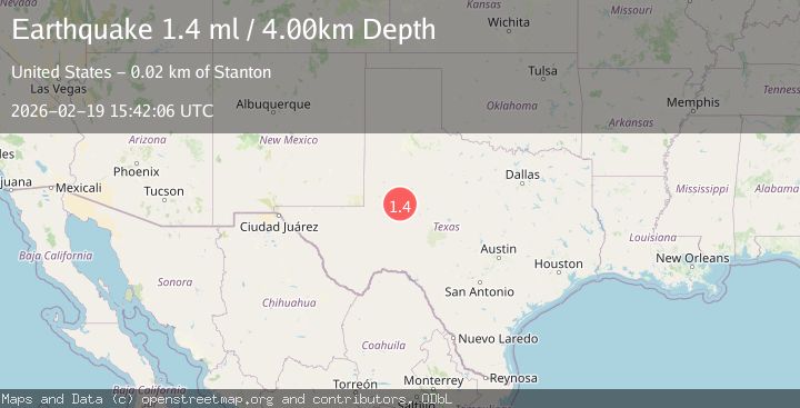 Map of 16 km ESE of Stanton, Texas