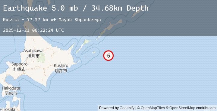 Map of 91 km ESE of Shikotan, Russia