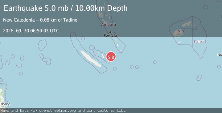 Map of 83 km NE of Tadine, New Caledonia