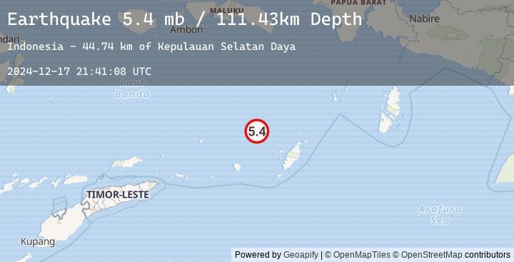 Map of 296 km WSW of Tual, Indonesia