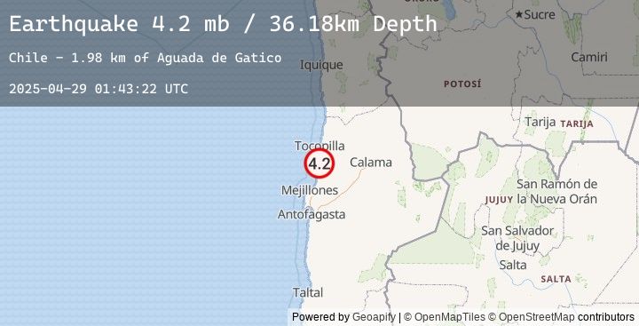 Map of 43 km S of Tocopilla, Chile