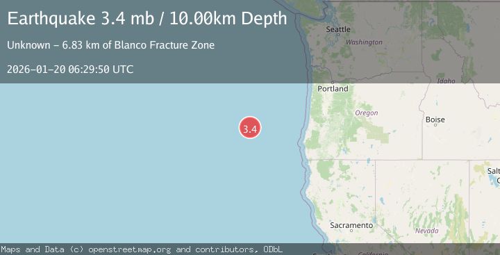 Map of 287 km W of Bandon, Oregon