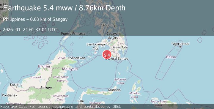 Map of 32 km WSW of Sangay, Philippines