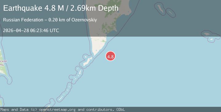Map of east of the Kuril Islands