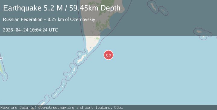 Map of east of the Kuril Islands